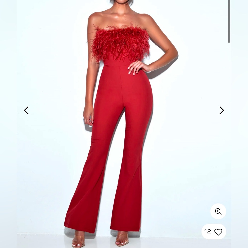 Miss Circle Burgundy feather jumpsuit - BNWT - XS